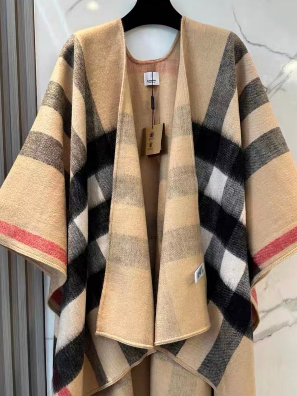 Burberry Tan Check Plaid Open Front Wrap Poncho